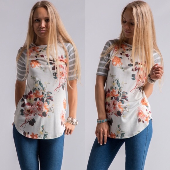 Tops - *1 Left* Stripe Raglan Sleeve Floral Print Top